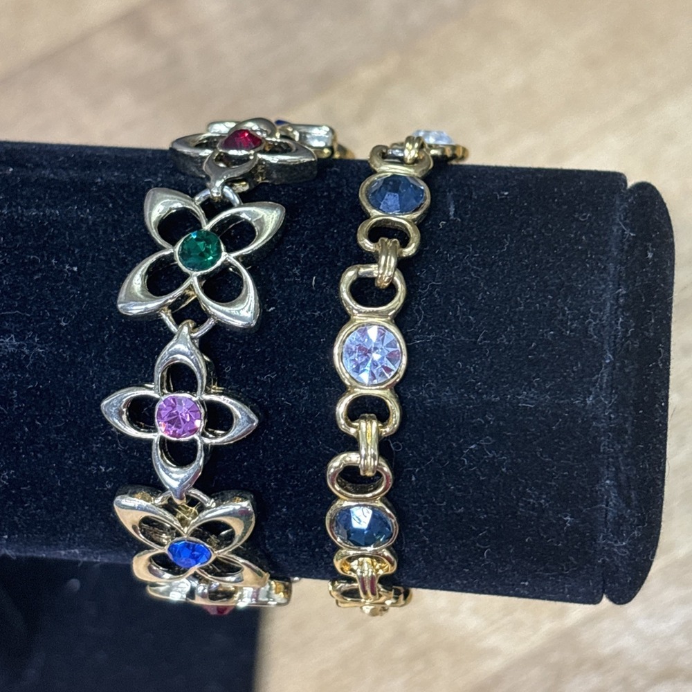 Vintage Gold Tone Rhinestone Bracelet Lot Floral Blue Crystal Statement Jewelry